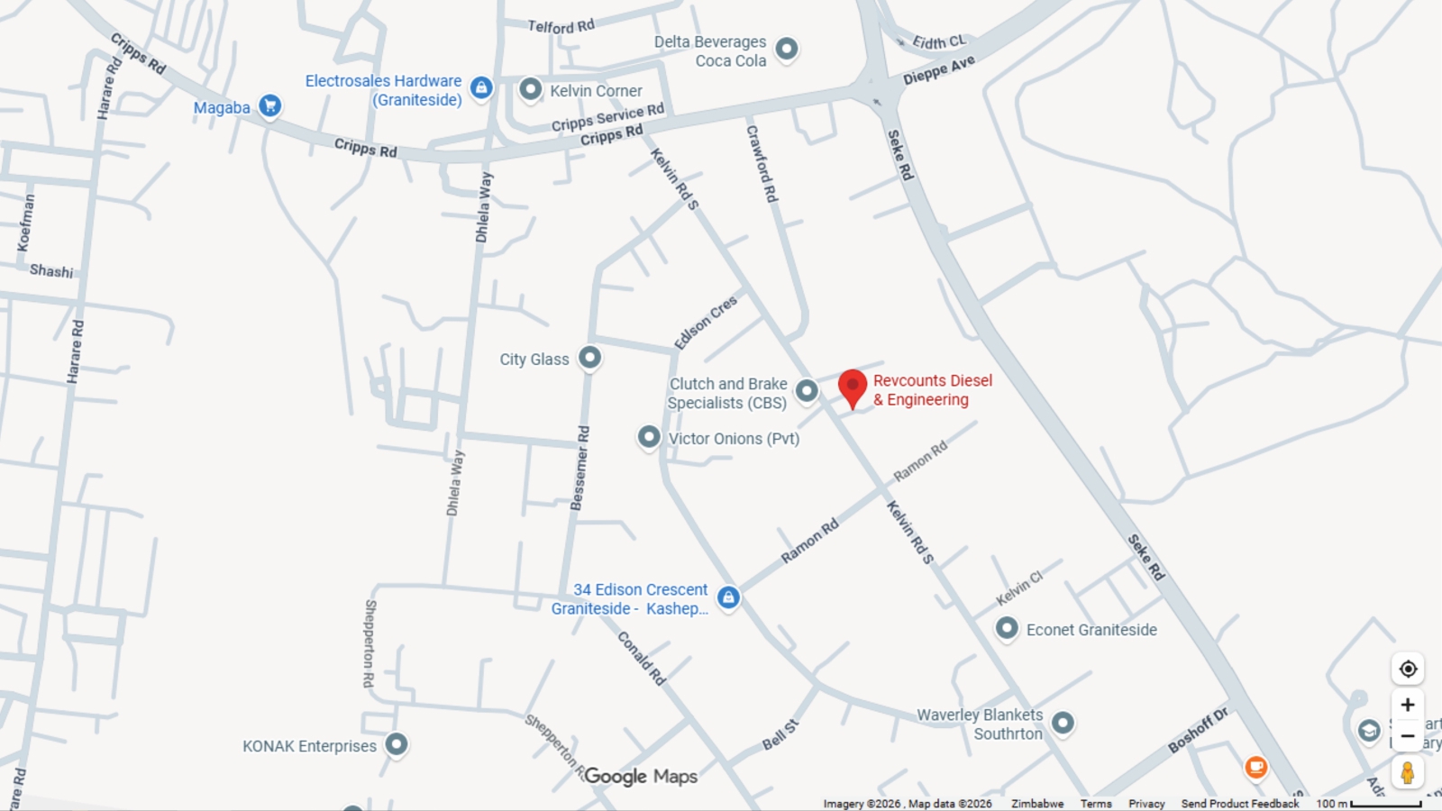 Revcounts Diesel & Engineering Location Map - 93 Kelvin Road South, Graniteside, Harare